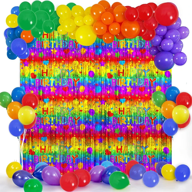 134PCS Rainbow Birthday Party Decor Rainbow Party Balloons Arch Kit Foil Fringe Curtains Set for Kids Friend Backdrop Photobooth