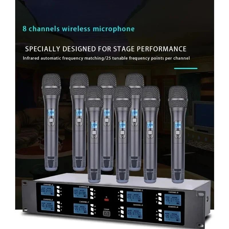 

A800 Профессиональная UHF беспроводная микрофонная система для дома KTV Металлическая ручная 8-канальная беспроводная микрофонная система Ручной микрофон