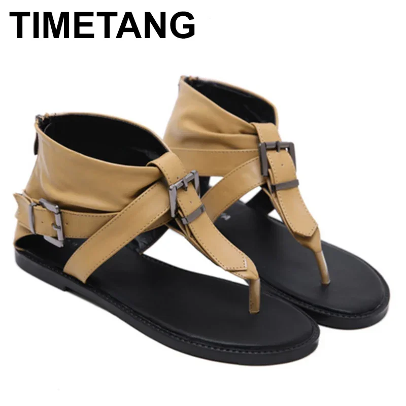 Korean Version Summer New Low-heeled Thong Roman Women's Shoes Fashionable And Comfortable Belt Buckle Flat High-top Sandal