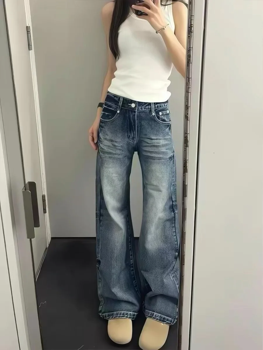 

Retro Washed Crack Micro Flared Wide Leg Jeans Women Summer 2026 New Style Loose Fit Casual High Waist Denim Pants