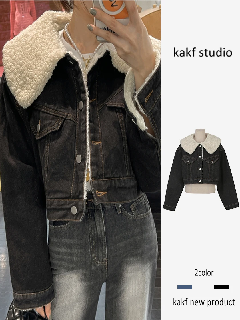 

Lamb Fur Collar Thiened ort Denim Jaet Women's Long Sve Open Cardigan Autumn Winter Warm Single Button ort Top