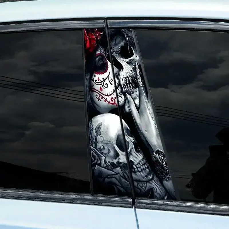 A Pair of Gothic Skull Couple B-Pillar Stickers Set, High-Quality PVC, Sun Resistant, Instantly Transform Your Car Look