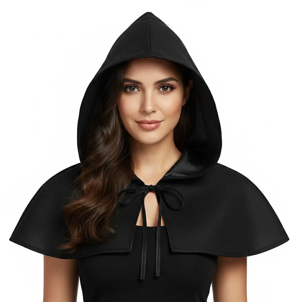 

Черная короткая накидка с капюшоном | Готический средневековый плащ унисекс | Идеально подходит для косплея ведьмы-волшебника на Хэллоуин и тематических вечеринок