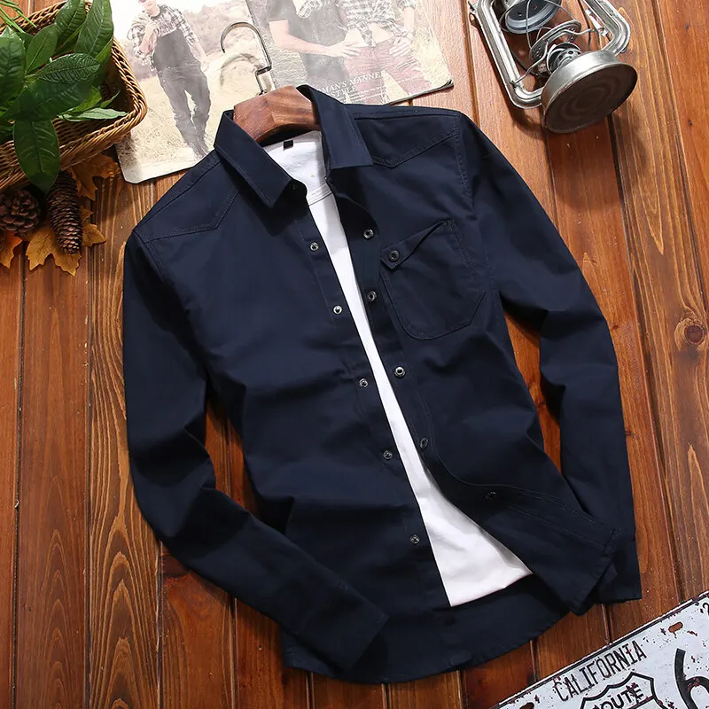 New Fashion Men\'s Long-Sleeved Shirt Long-Sleeved Buttons Solid Color Lapel Work Shirt Casual Outdoor Big Yards Men\'s Clothing