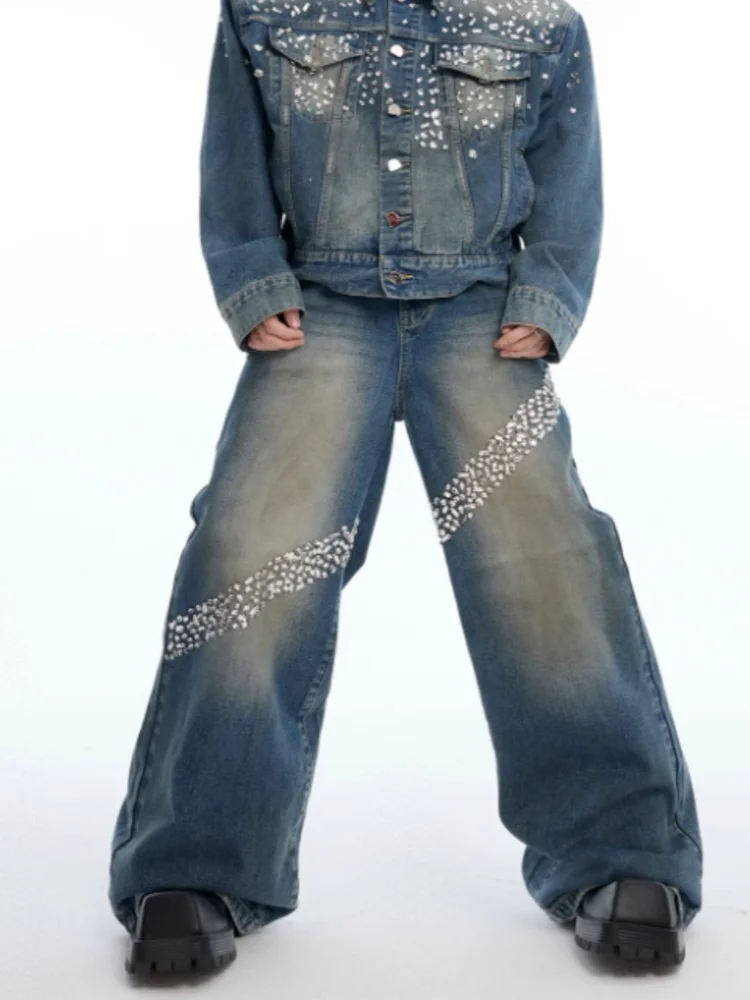 

Cyber Y2K Style 2025 Vintage Blue Hot Fix Rhinestone Baggy Новые джинсы Брюки для мужчин Одежда Прямые джинсовые брюки Ropa Hombre