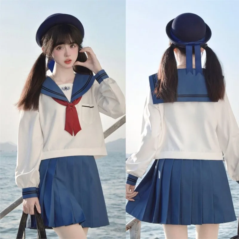 Uniforme JK para mulheres e meninas, terno marinheiro, trajes cosplay, conjuntos de saias plissadas curtas, mangas compridas, estilo universitário, azul, jk