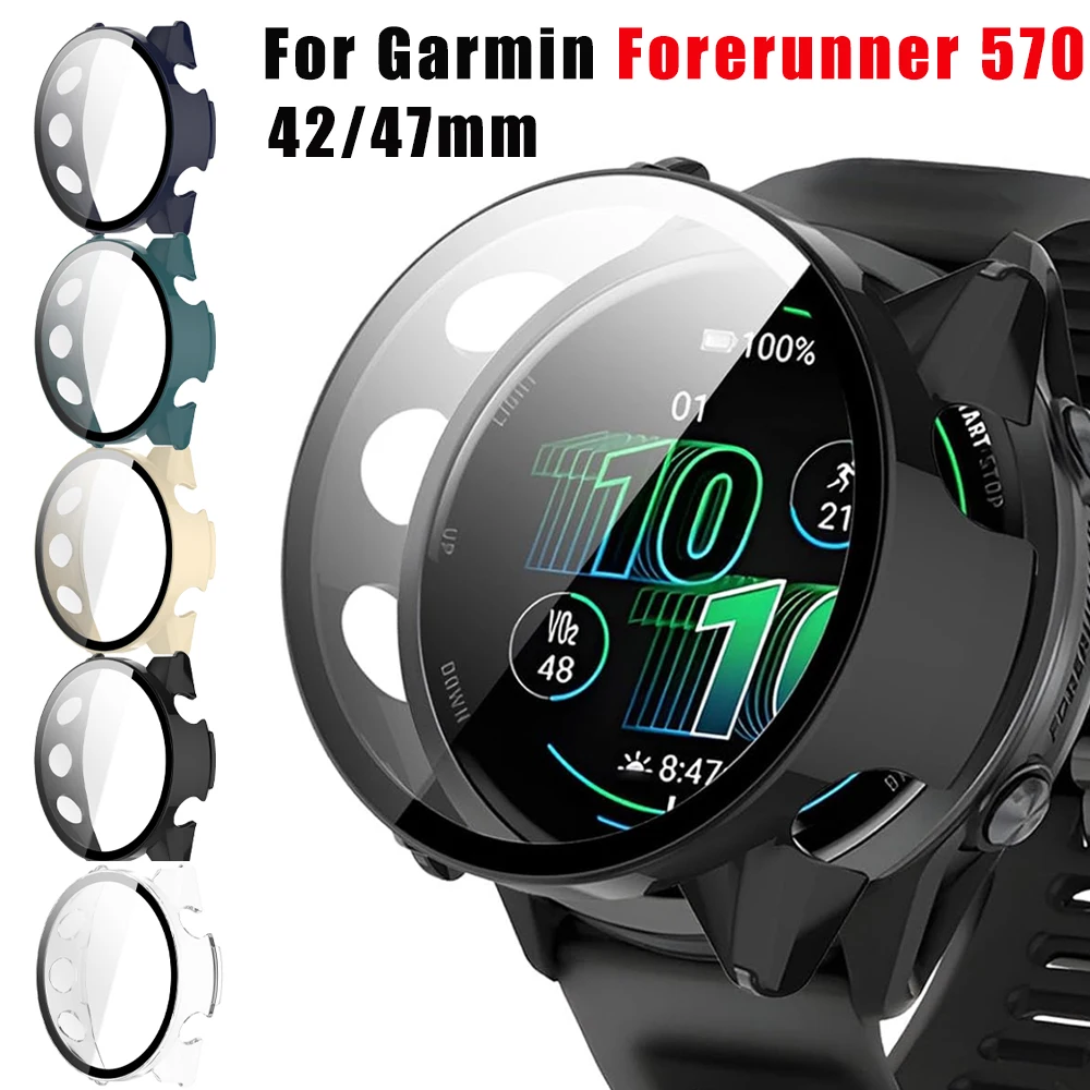 Neues PC-Gehäuse + Glas für Garmin Forerunner 570 42 mm 47 mm, harter Stoßfänger, integrierter Ultra-HD-Schutz aus gehärtetem Glas, Zubehör