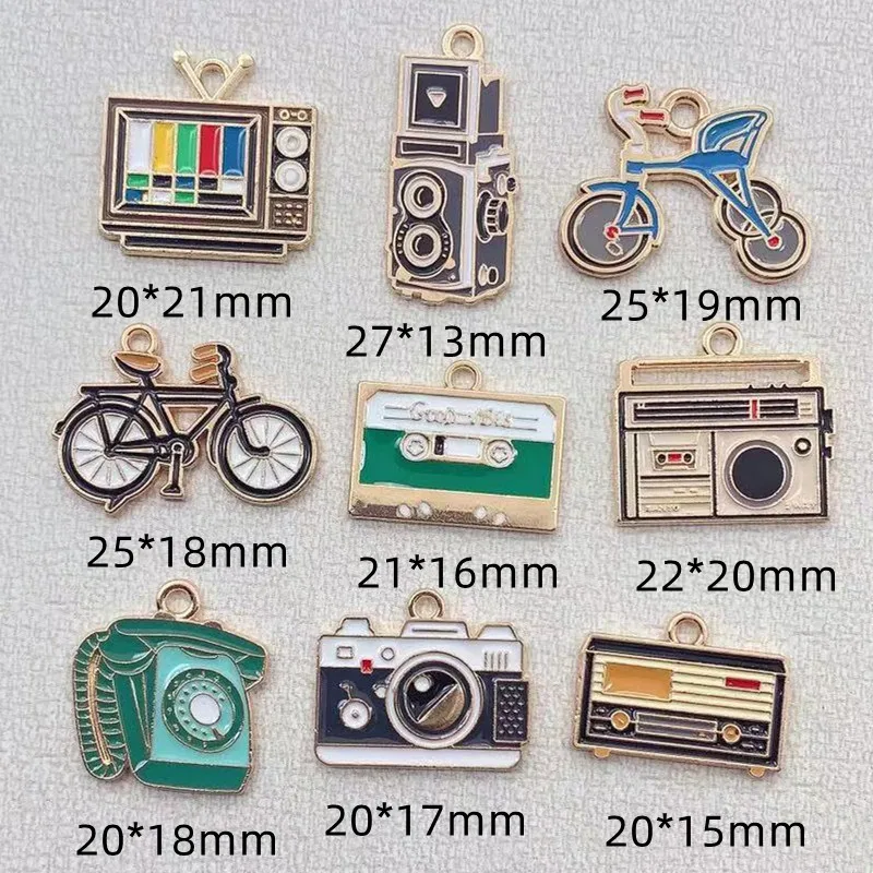 10pcs Vintage Enamel Camera Bicycle Charm for Jewelry Making Earring Pendant Bracelet Necklace Accessories Diy Craft Supplies