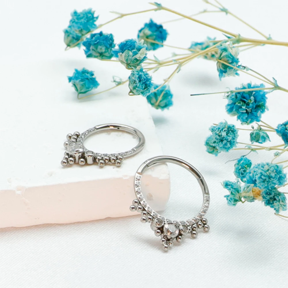 Titanium Septum Clicker Nose Ring with CZ Beads
