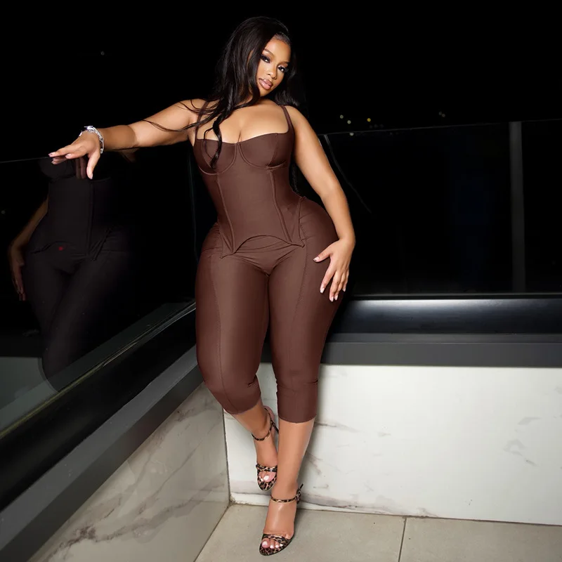 Sommer Y2K Damen Braun Bodycon 2-teiliges Set Ärmelloses Korsett-Top & Knielange Caprihose Gym-Outfits Lässige Streetwear – Detail 6