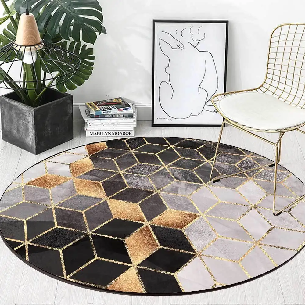 

Modern Minimalist Black and Gray Gold Diamond Living Room Bedroom Hanging Basket Chair Round Floor Mat Carpet 160cm