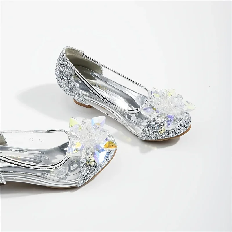 Girls Crystal Glass Flower High Heel Princess Shoes For Wedding Party