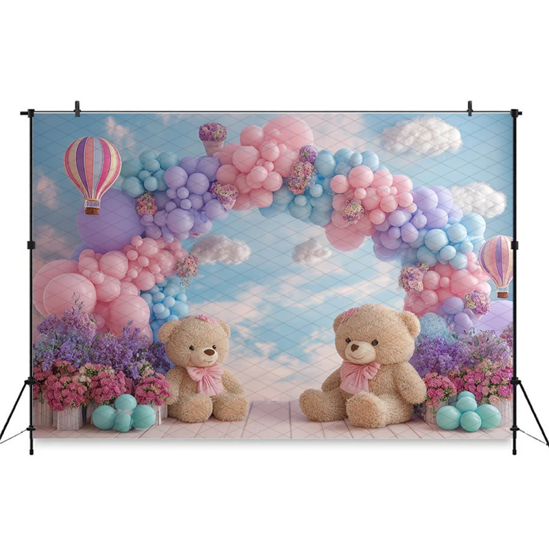 Mocsicka Pastel Bear Photography Backdrop Cake Smash Hot Air Balloons Background Baby Shower Birthday Gender Reveal Photoshoot