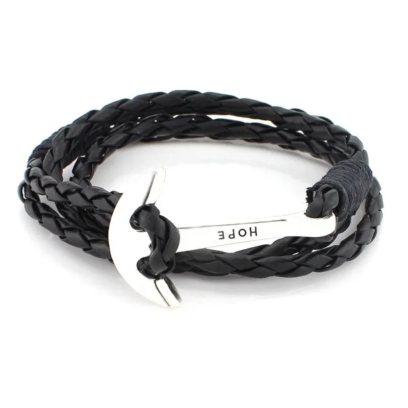 PU Leather Men Bracelet Jewelry Hope Anchor Bracelet Wristband Wrap Charm Bracelet for Male Accessories Hand Cuff