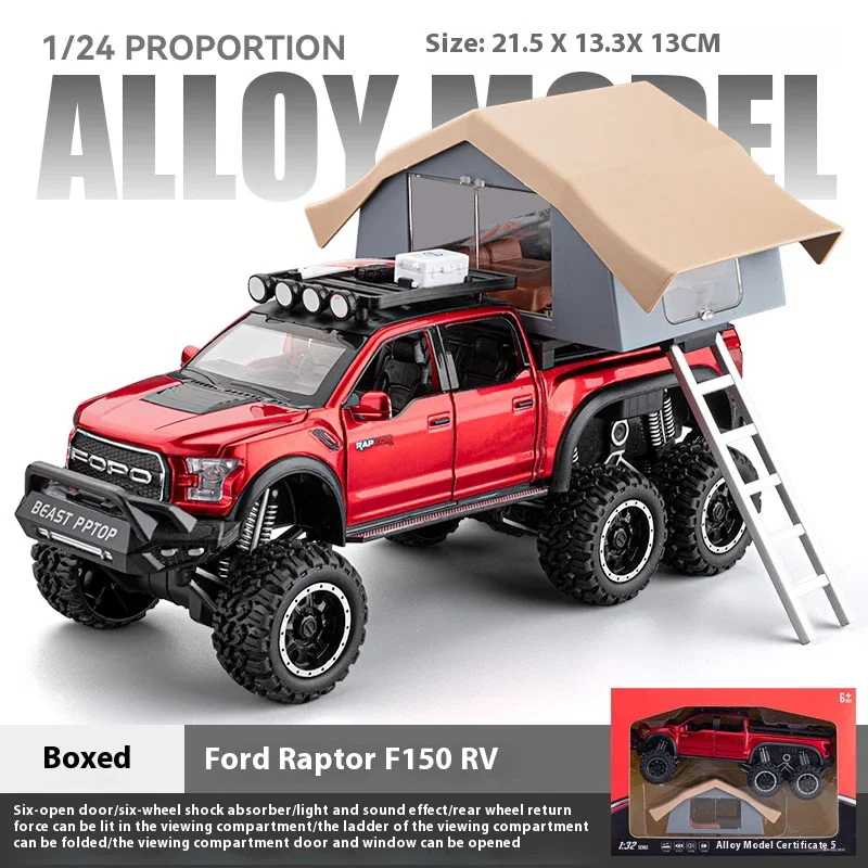 

1:24 Ford Raptor F150 Camping RV Off Road Pickup Truck Alloy Metal Diecast Model Car Sound & Light Toys Ornaments Gifts For Kids