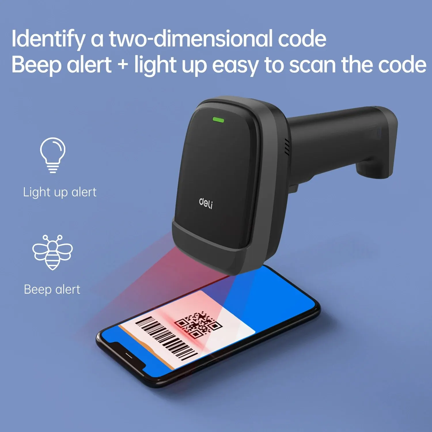 Deli-Wireless Handheld Barcode Scanner Reader, QR, 1D, Código 2D, USB, Automático, Contínuo, Portátil, ES221