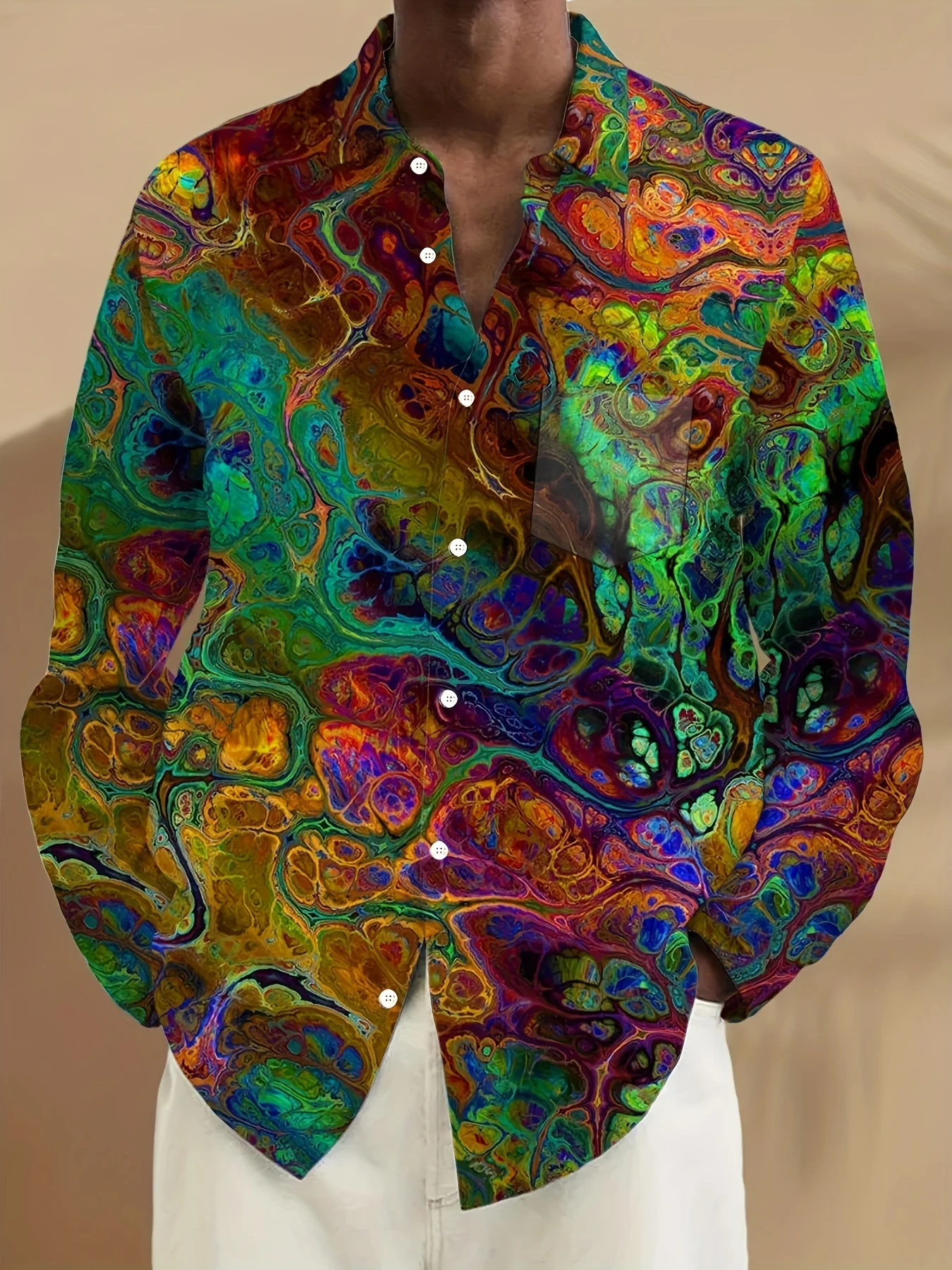 Herren Langarm-Hemd mit Knöpfen, bunter psychedelischer Marmor-Wirbel-Druck, Polyester, Reverskragen, für Urlaub und Party
