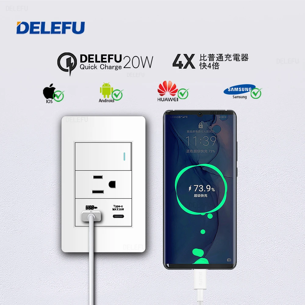 DELEFU White Flame Retardant PC Panel Mexico Standard Type C America Outlet Plug 118*72mm Wall Socket Light Switch Fast Charge