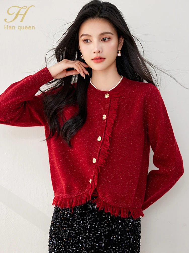 

H Han Queen New Christmas Outerwears Sweaters Autumn Cardigan Women Korean Long Sleeve Knitwear Loose Vintage Casual Sweater