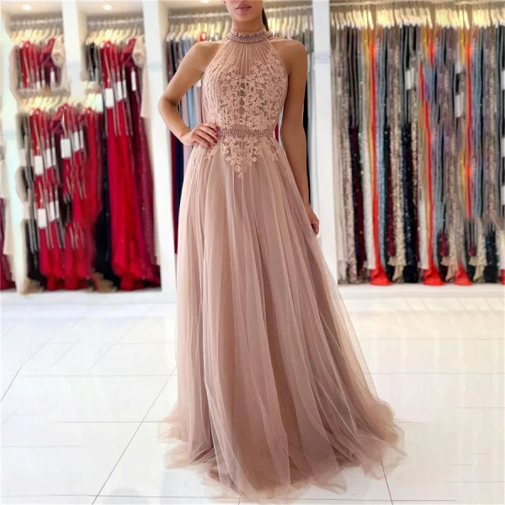 

Lily Stunning Long Formal Dresses A-line Halter Party Dress For Wedding Special Occasion Dress with Lace Appliques robe soirée