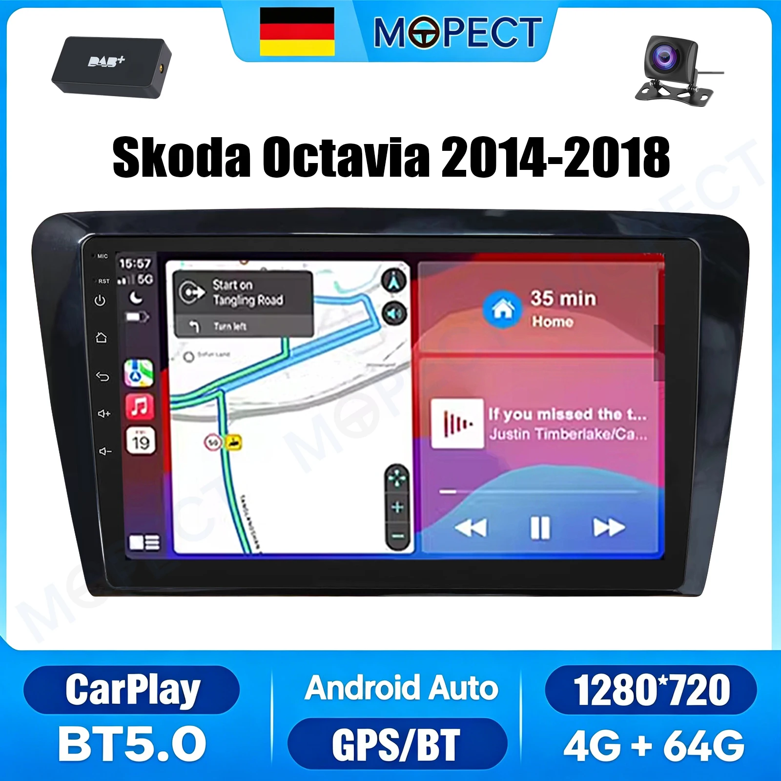 MOPECT 10,1-Zoll-Autoradio 4G+64G für Skoda Octavia 2014-2018 Android 15 Carplay WiFi GPS Head Unit FM SWC Bluetooth+DAB&AHD