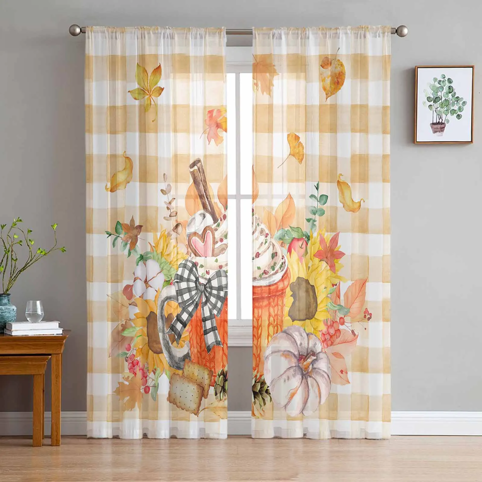 

Thanksgiving Sunflowers Leaves Pumpkin Curtains Living Room Bedroom Kitchen Decoration Window Voiles Organza Tulle Curtain