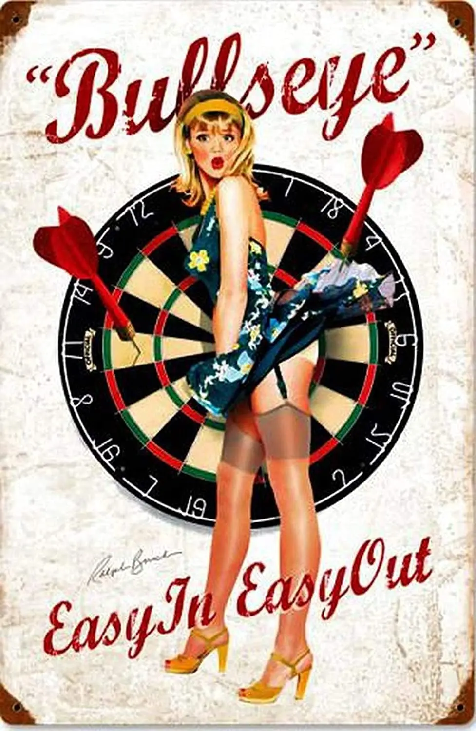 Pinup Girl Wall Decor Bullseye Vintage Inspired Pin Up Dart Bart Image Metal Sign Funny Tin Sign Bar Coffee Home Kitchen Room Wa