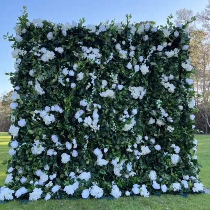 

3D luxury white roses and green leaf rolled cloth artificial plant flower wall outdoor wedding garden decorate Milan lawn wall