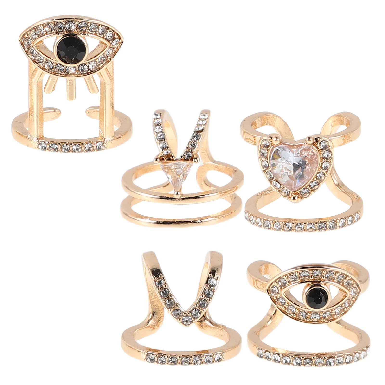 

5Pcs Adjustable Open Design Rhinestone Fingernail Rings Fashion Nail Jewelry for Women Girls Daily Party Use Dress Rings