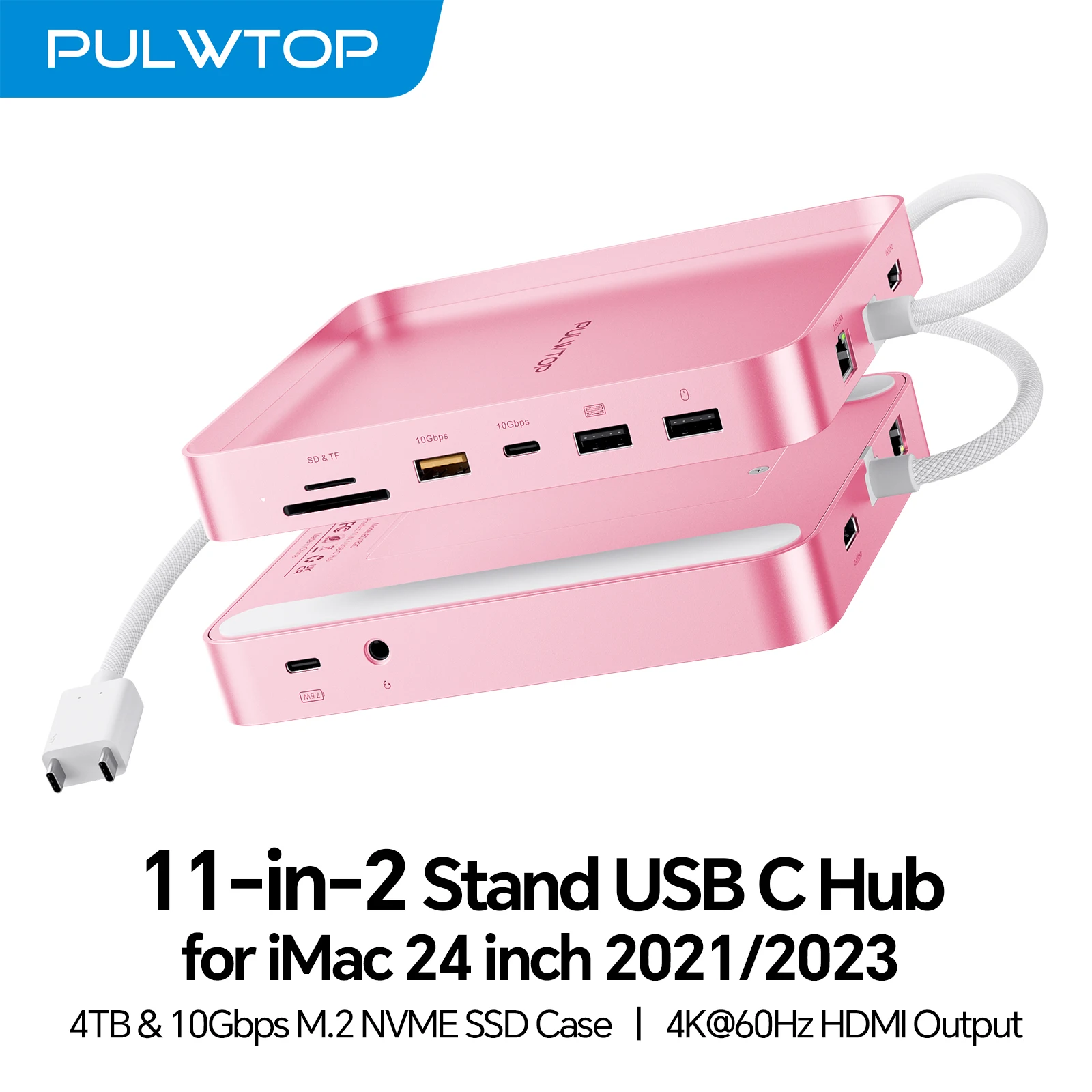 PULWTOP iMac USB Hub with 4K HDMI, 2.5G Ethernet, USB A/C 10Gbps, SD/TF, M.2 SSD Enclosure (SSD Not Included) for M1/M3/M4, Pink