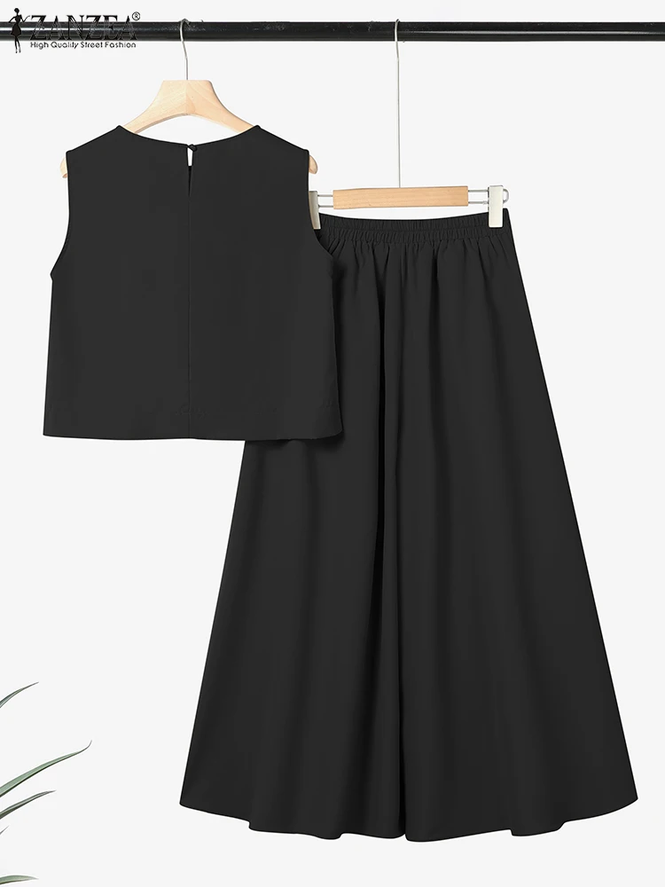 ZANZEA ฤดูร้อนกางเกงขากว้าง 2 ชิ้นชุดหลวม Crop Tops ผู้หญิงแฟชั่น 2 ชิ้นชุดสบายๆกางเกงชุด