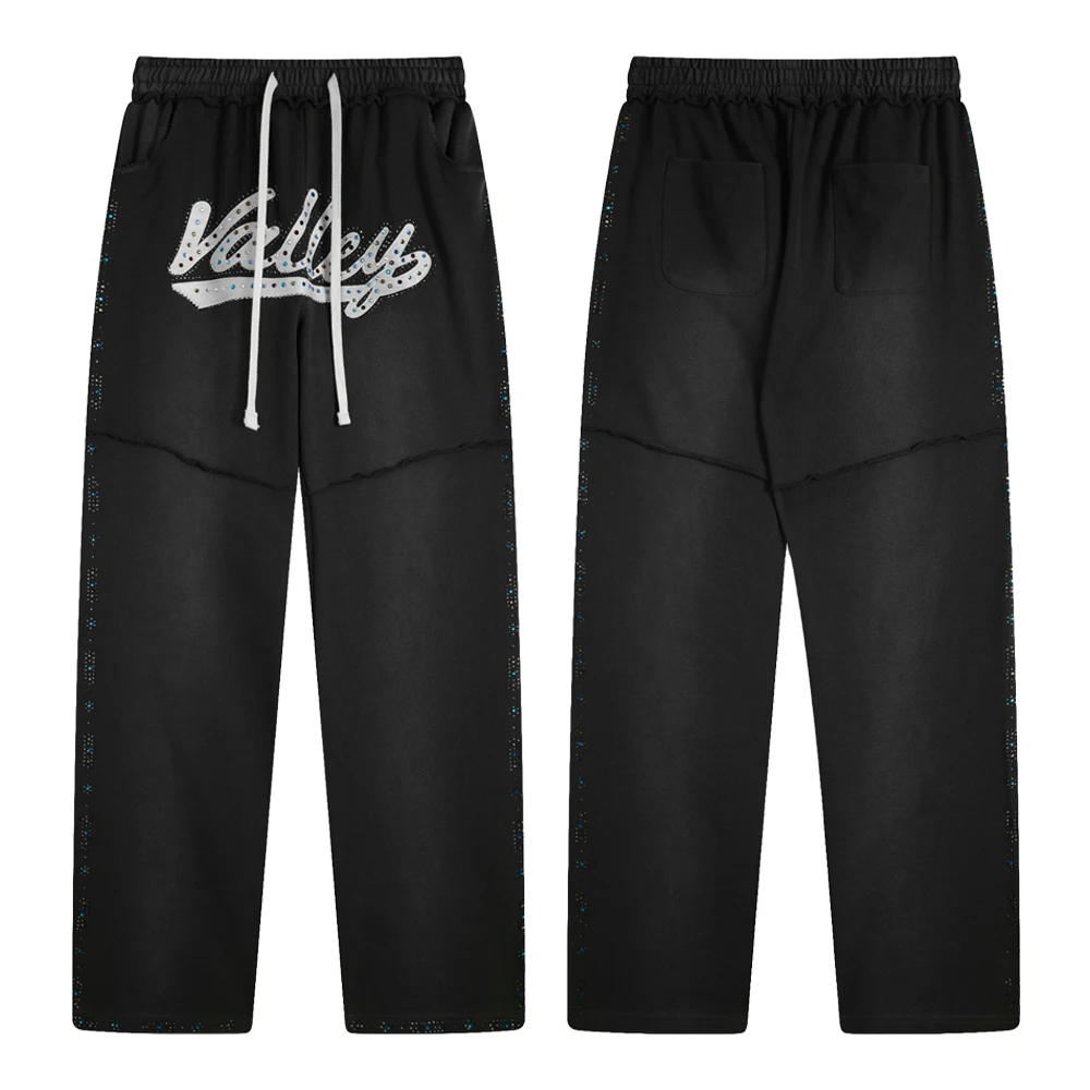 ストリートウェア ルーズパンツ ラインストーン付き メンズ服 ヒップホップ 厚手コットン ストリートスタイル カジュアル ダメージ加工 バギー スウェットパンツ