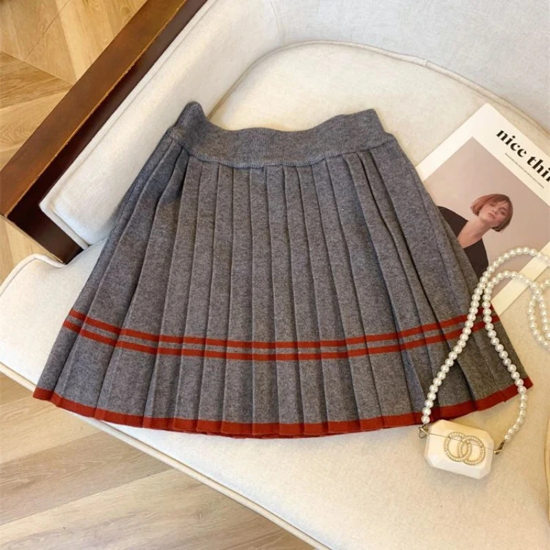 الحياكة التباين المرقعة نمط Preppy البلوزات ربيع الخريف مرونة الخصر مطوي الحلو ألف خط تنورة أزياء النساء الملابس