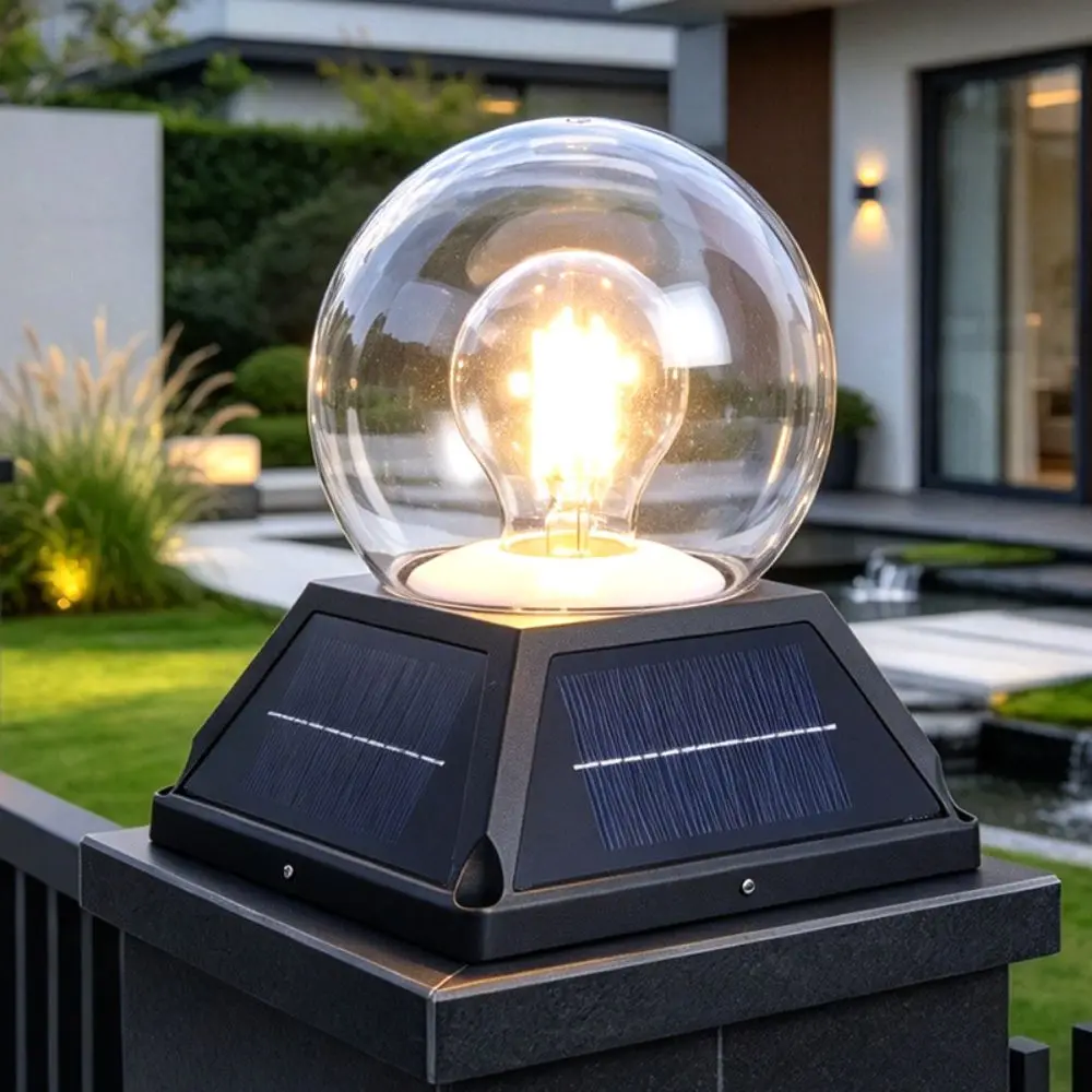 Round Ball Solar Post Light Remote Control IP65 Waterproof Solar Pillar Lamp Modern Minimalist Timer Landscape Light Outdoor
