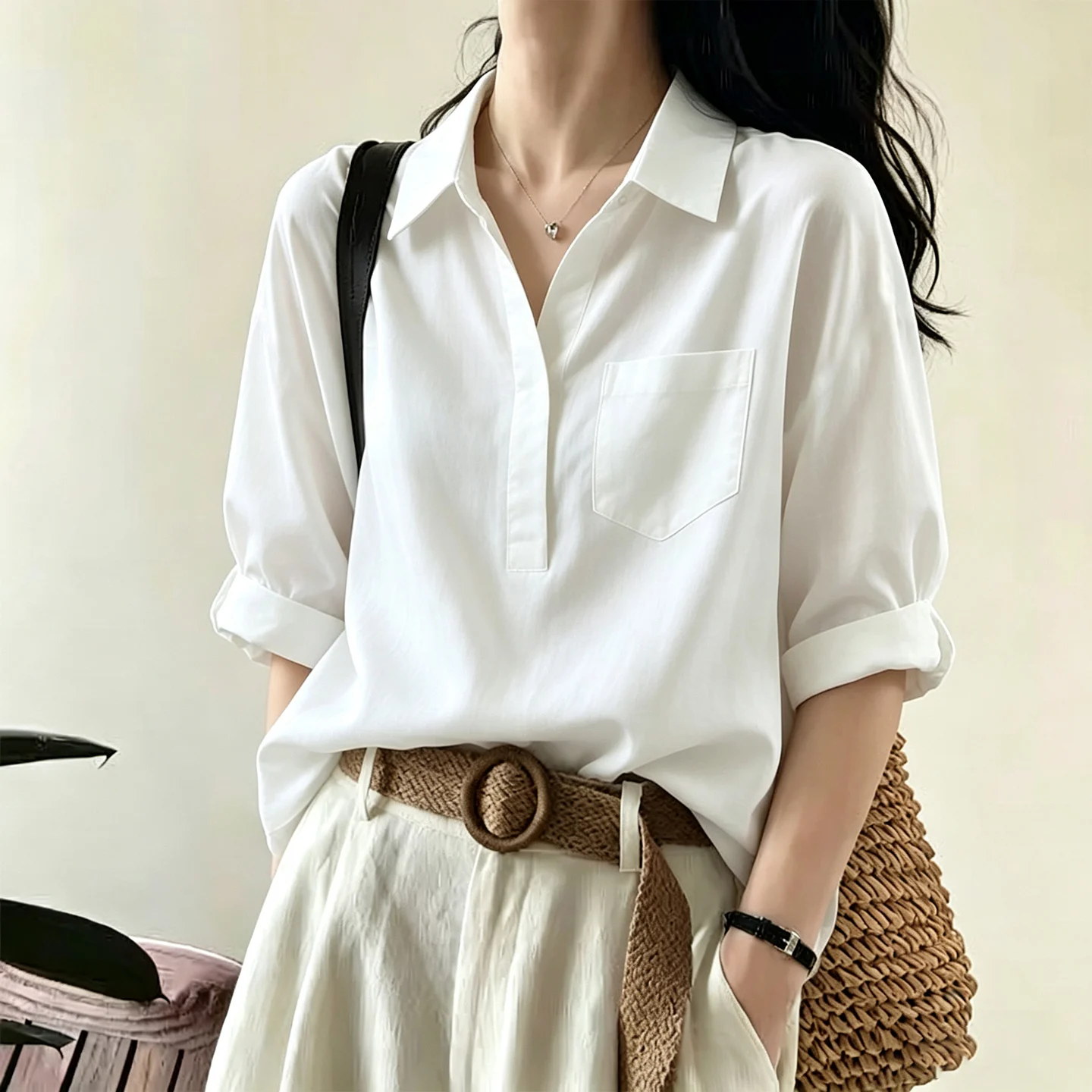 Loose Fit Casual Style Women's Shirt Summer 2026 Pure Color Collar mid Sleeve Breathable Comfortable Loose Slimming Top