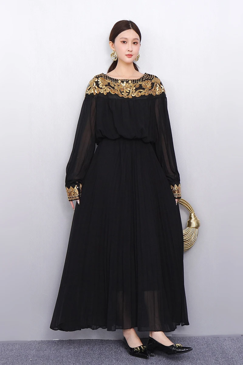 

2025 Spring Summer Elegant Retro Glitter Folding Loose Long Dresses Women Long Sleeve Dress Ladies Wholesale J1152