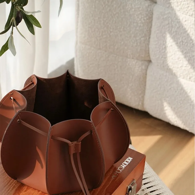 Ebony Brown Storage Basket - Top Grain Saddle Leather Stitched Organizer Tray for Coffee Table Desktop Decor, Woven Home Accent