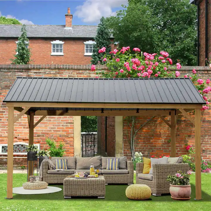 ！@Outdoor Aluminum Frame Gazebo Galvanized Steel Roof Wooden Coated Canopy Permanent Metal Hardtop Pavilion for Outdoor Furnitur