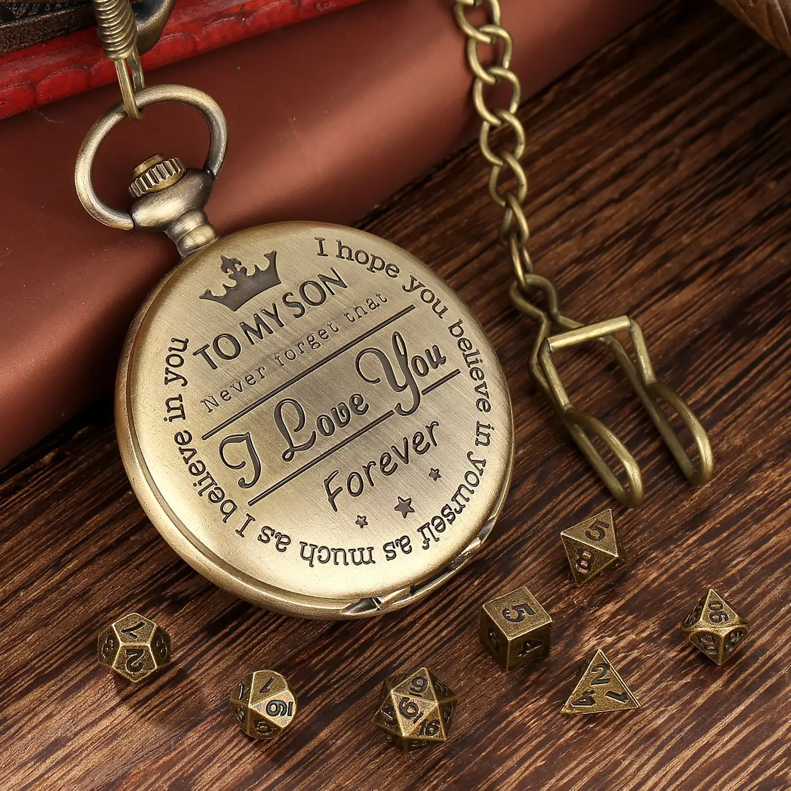 DND dice jewelry case, retro TO MY SON lettering commemorative case thick waist chain, dice Table Game dice gift