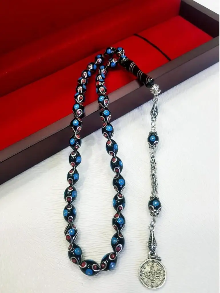 OLTU stone red blue silver processing rosary