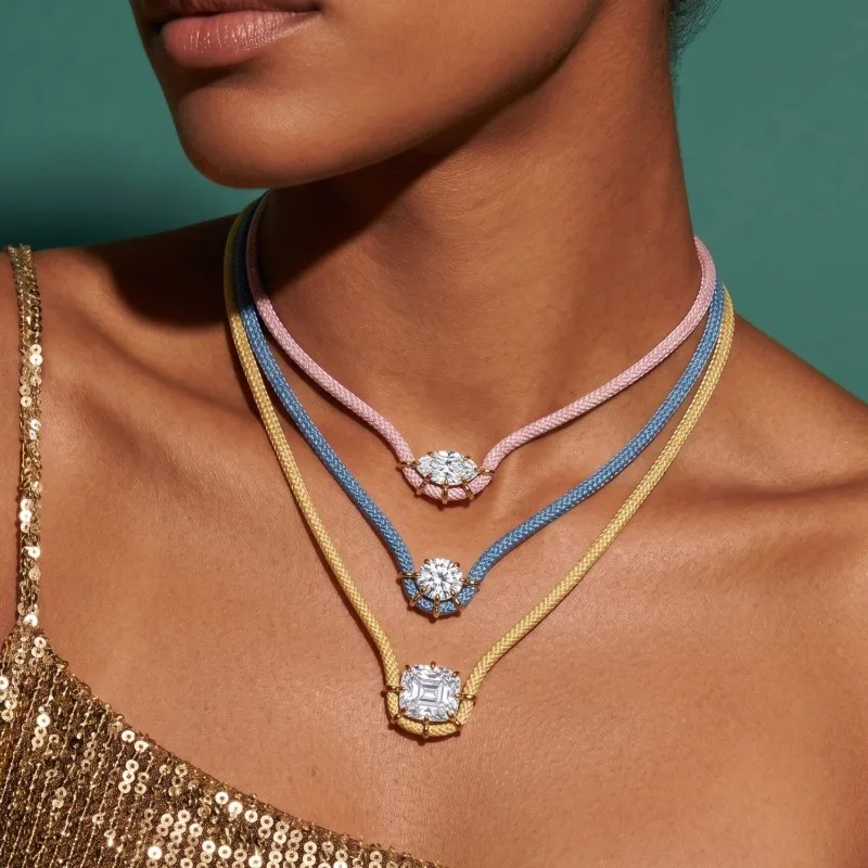 Colorful Braided Cord Jewelry Gold Prong Set Zircon Pendant Necklace And Bracelet Double-Strand Braided Rope Summer Y2k Gift