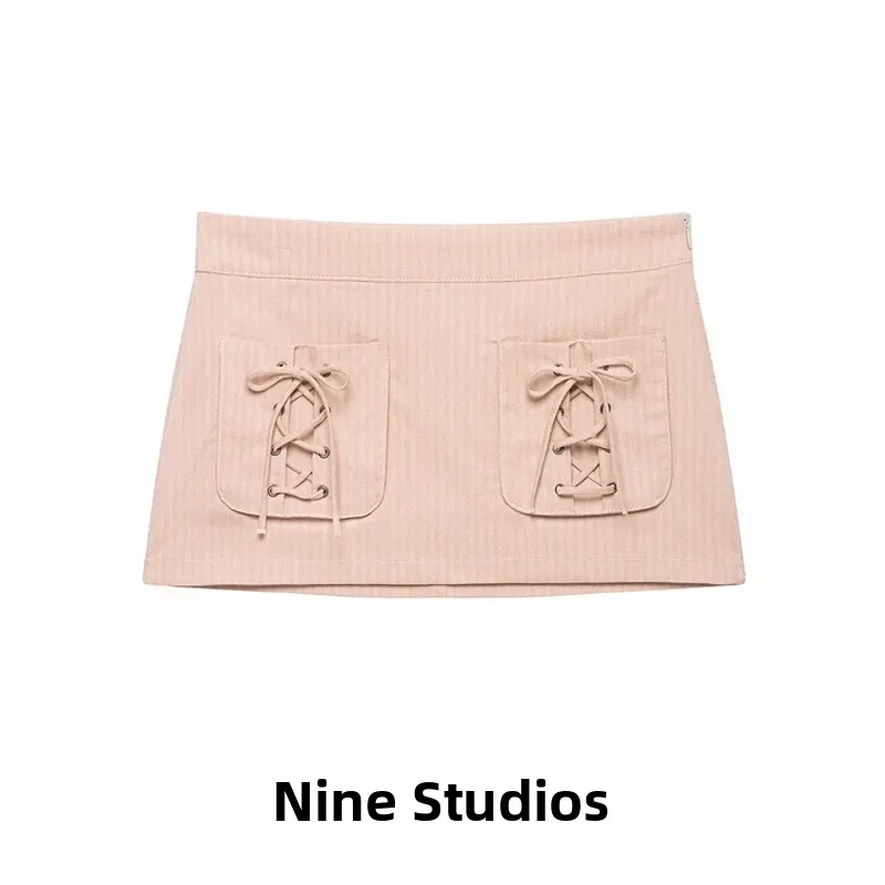 NINE ZAR Women's Striped Print  Skirt with Belt Hole Cord Short Skirts A-Line Standard Fit Polyester Fiber Iron-Free