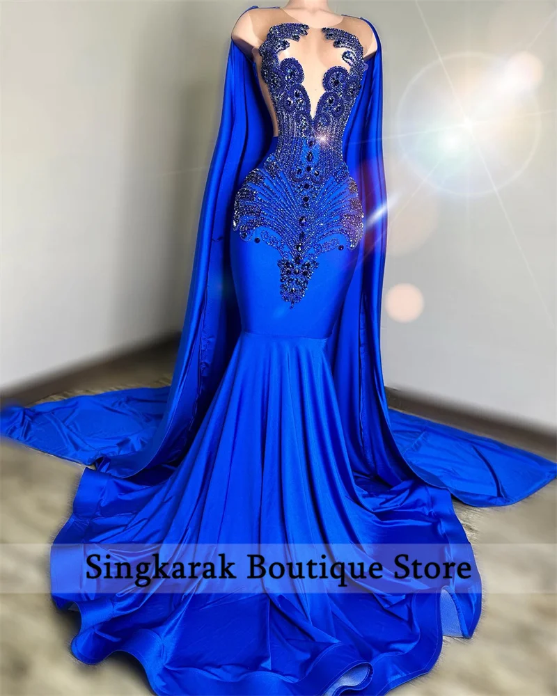 New 2024 Royal Blue Diamonds Mermaid Prom Dress  With Cape Glitter Bead Crystal Rhinestones Gown For Black Girls Party Dress