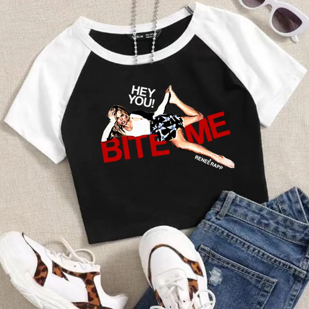 

Укороченные топы Renee Rapp Bite Me, футболка для девочек, модная женская футболка с круглым вырезом и коротким рукавом, подарок для фанатов