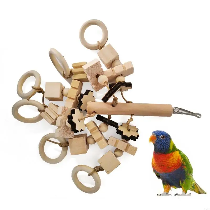 N5KC Parrot Chew Toy Wooden Blocks Strings Multiple Shapes Tearing for Canary