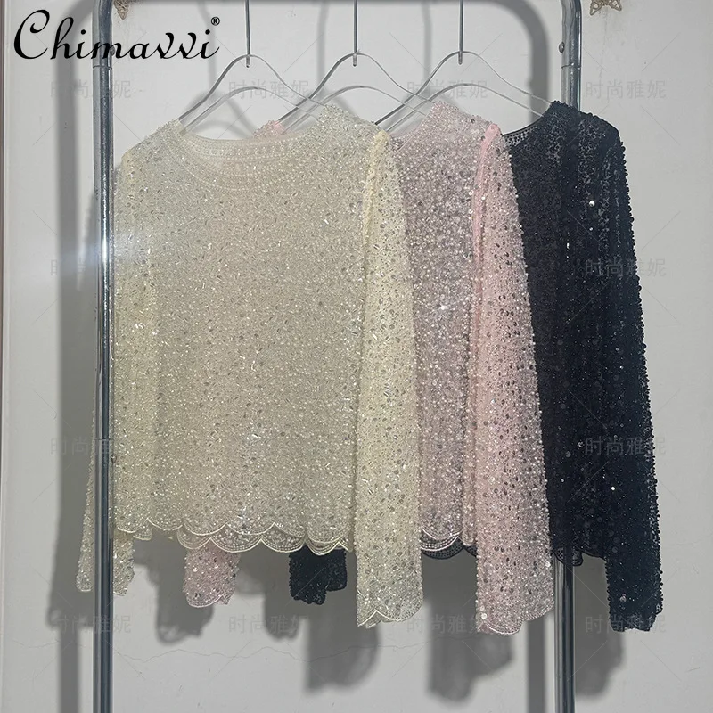 

Модная новинка 2026: Весенний женский топ с длинным рукавом, жемчужным круглым вырезом, роскошный сценический наряд, расшитый бисером и пайетками, приталенный женский топ