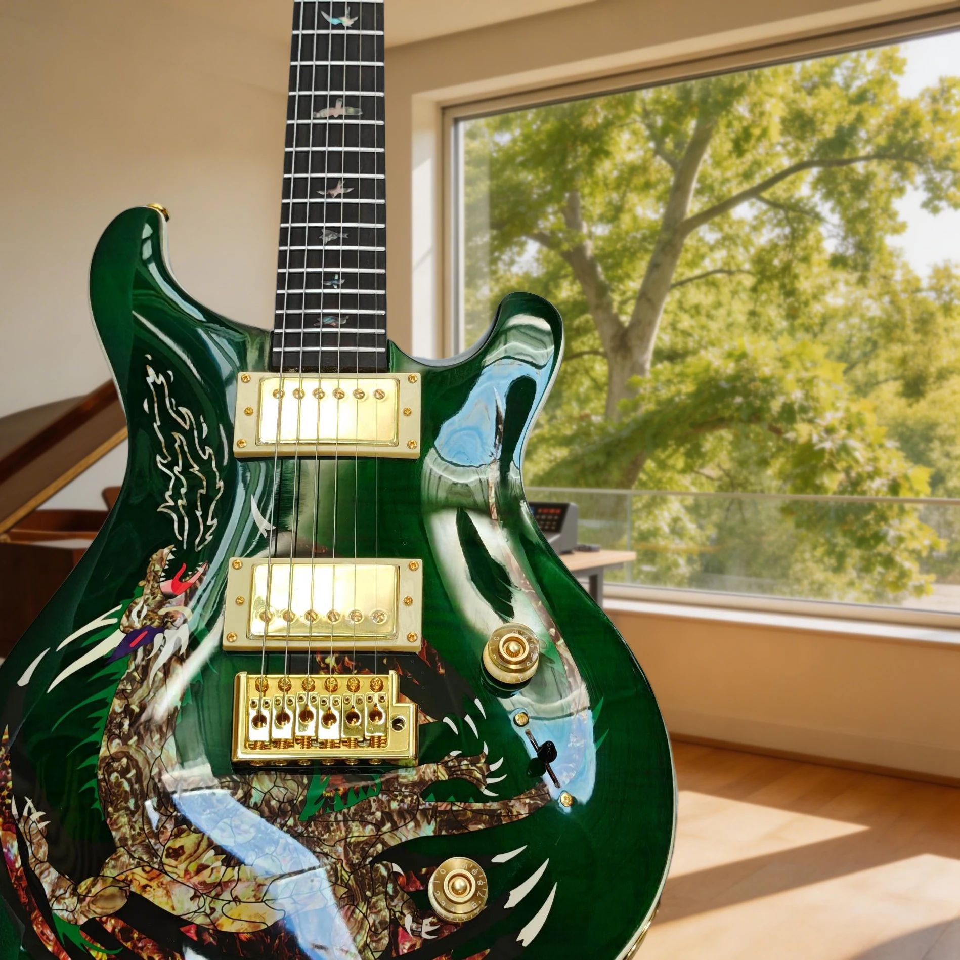 

2026 Hot Gloss Green Dragon Gold Hardware Motif PRS Electric Guitar HH Pickups Bird Inlay 24 Tone