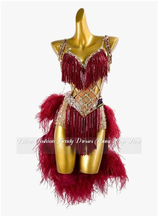 

Custom Red Luxury Cocktail Dress Fringe Crystal Appliques Feather Skirt Hem Special Occasion Evening Gown Birthday Party Dress