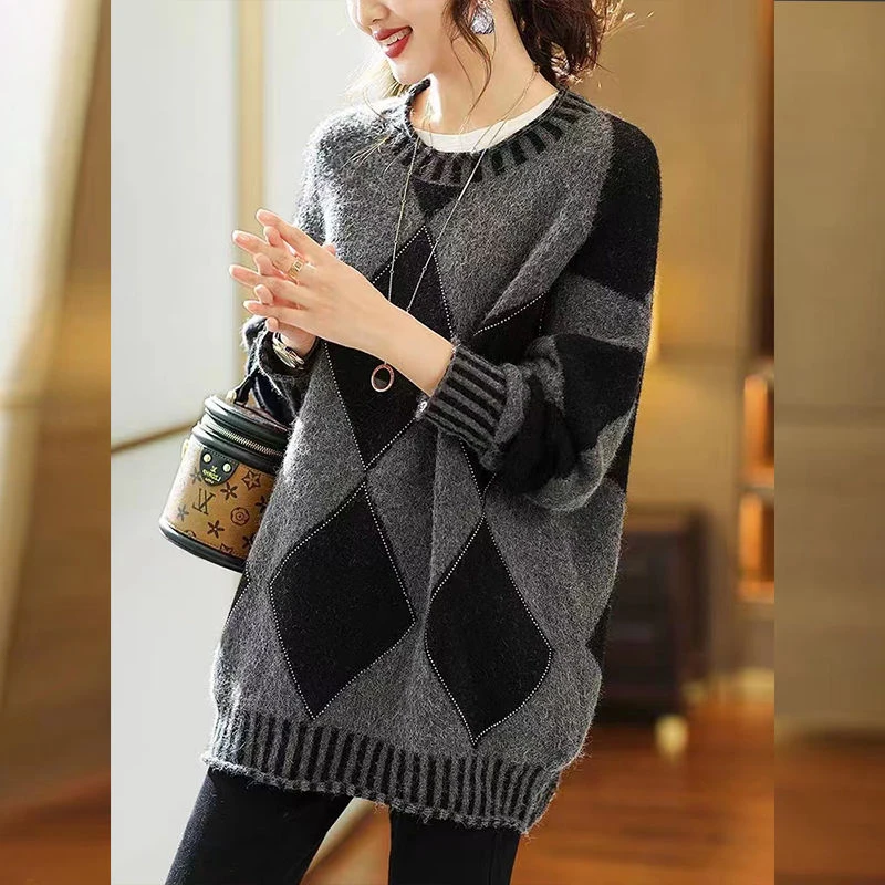 Pull à col rond pour femme, pull surdimensionné, patchwork décontracté, chemises minces, vêtements élégants, mode automne et hiver, nouveau, 2023