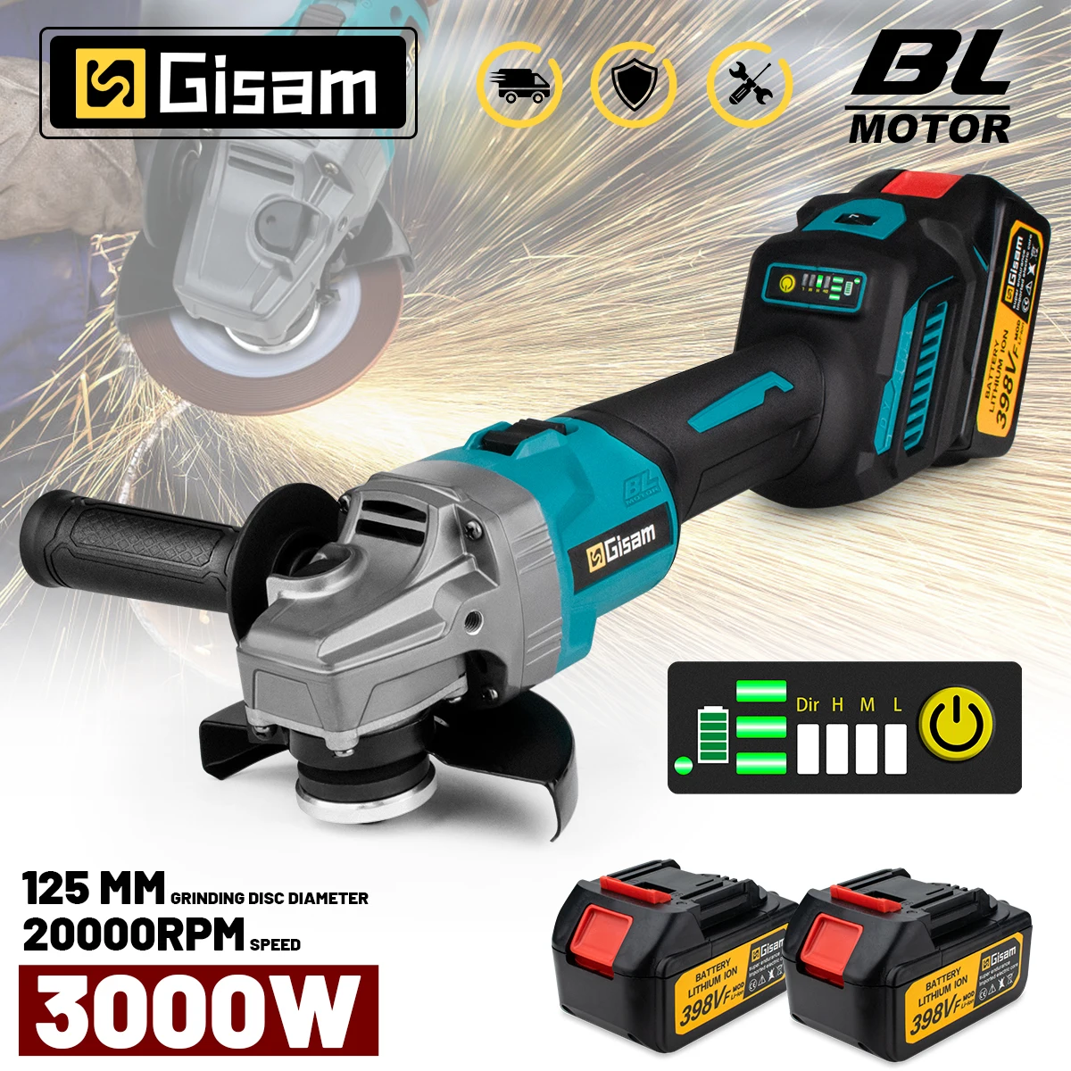 Gisam 125mm M14 Brushless Angle Grinder 7 Gears Cordless Grinding Machine Cutting Woodworking Power Tools For Makita 18V Battery